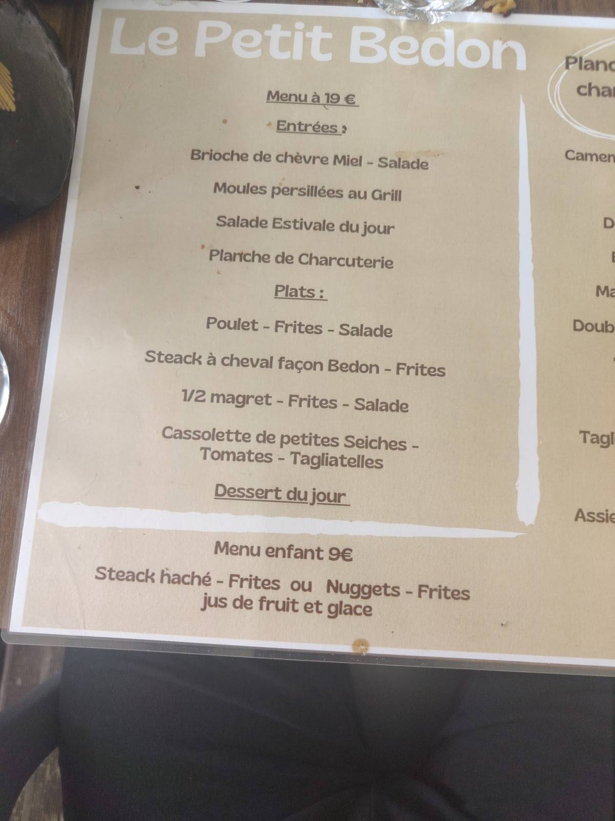Menu de Le Petit Bedon