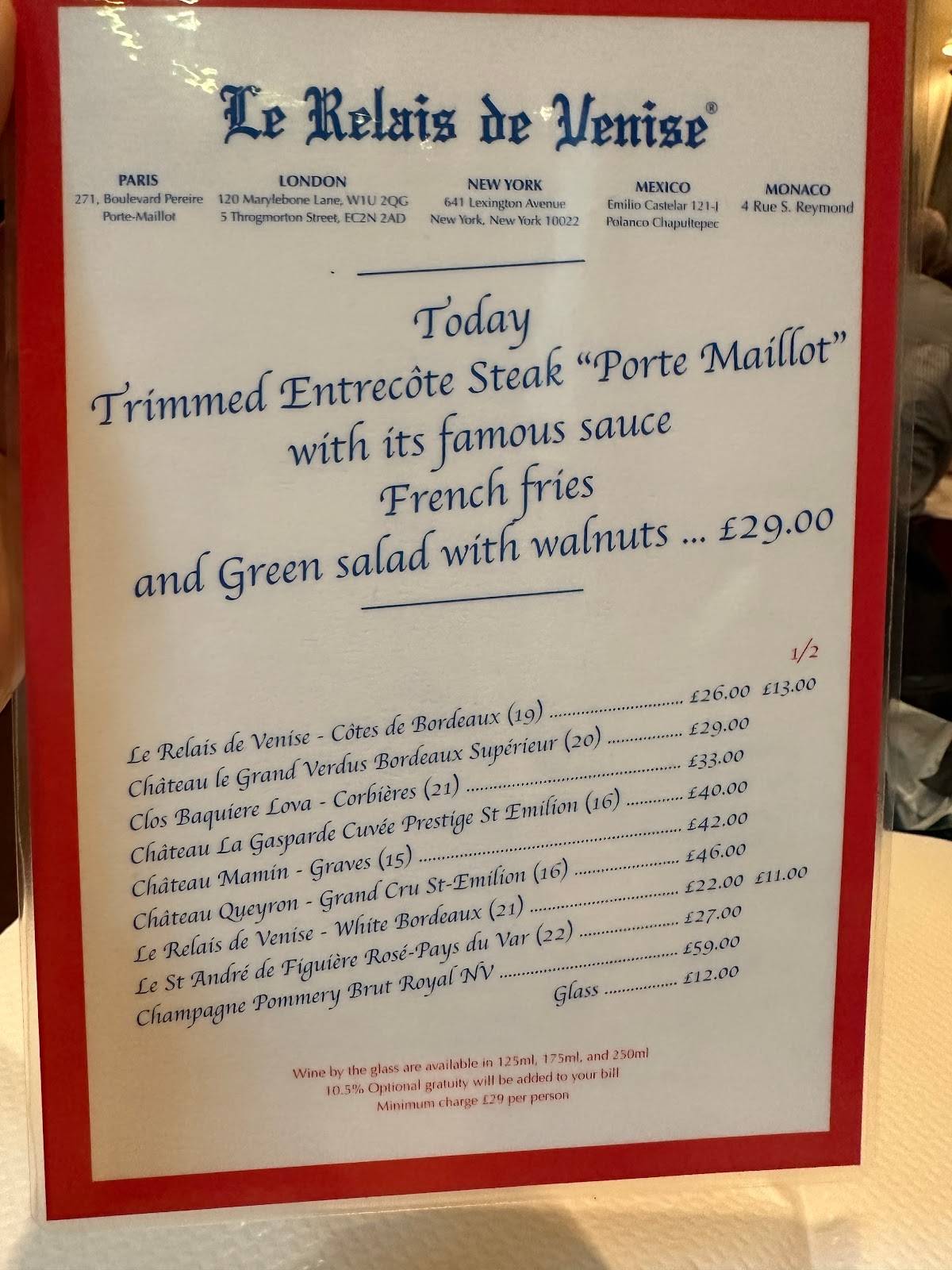 Menu at Le Relais de Venise l