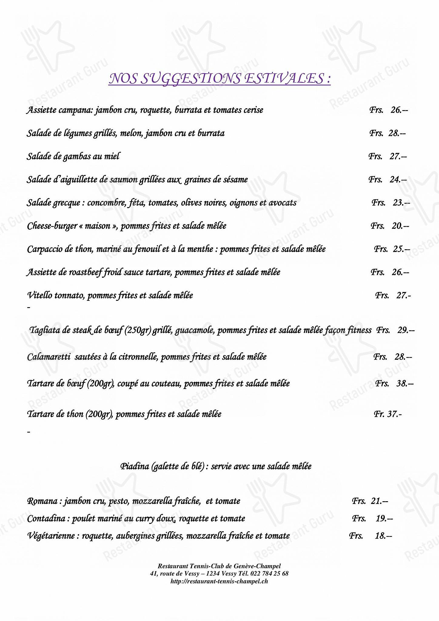 Restaurant Tennis Club de Champel in Veyrier - Dinner Menu