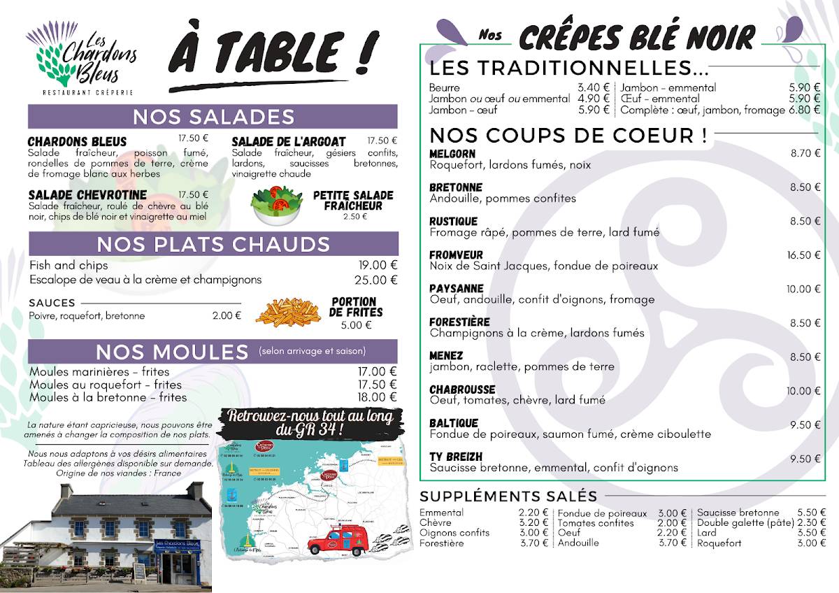 Menu de Crêperie Les Chardons Bleus Porspoder Radénoc