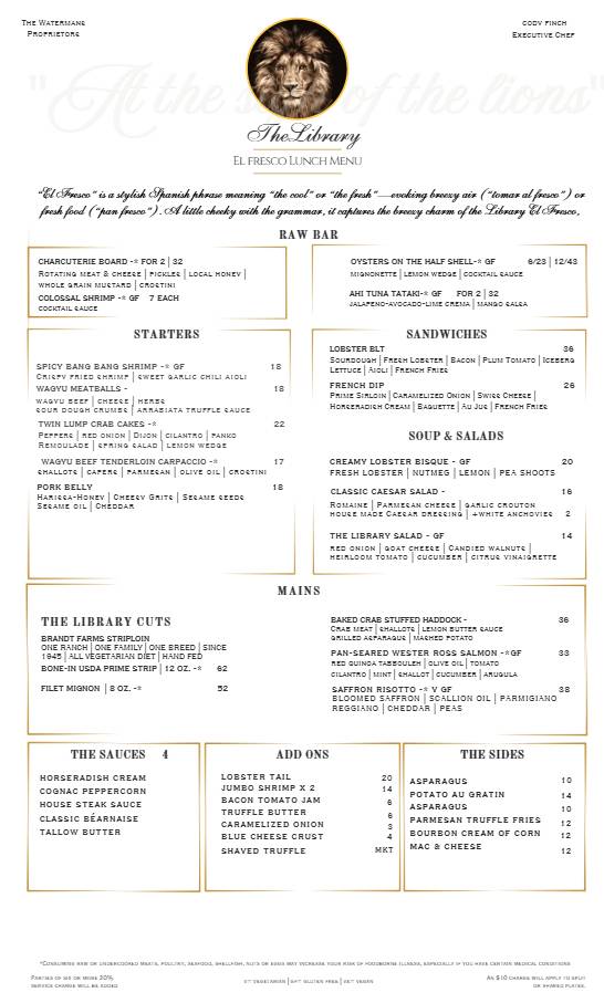 Menu at Library Restaurant, Portsmouth