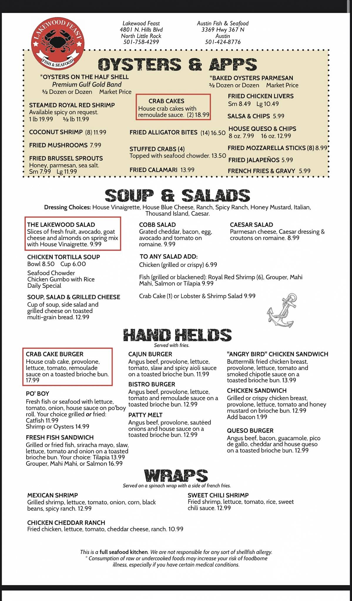 Menu at Lakewood Fish & Seafood House restaurant, North Little Rock