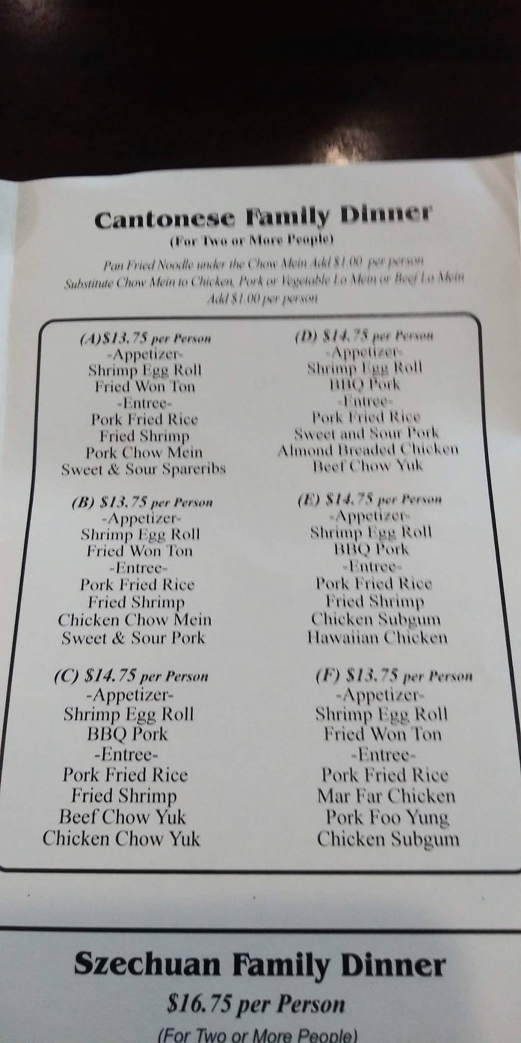 Menu at Lok Yaun Restaurant, Eugene