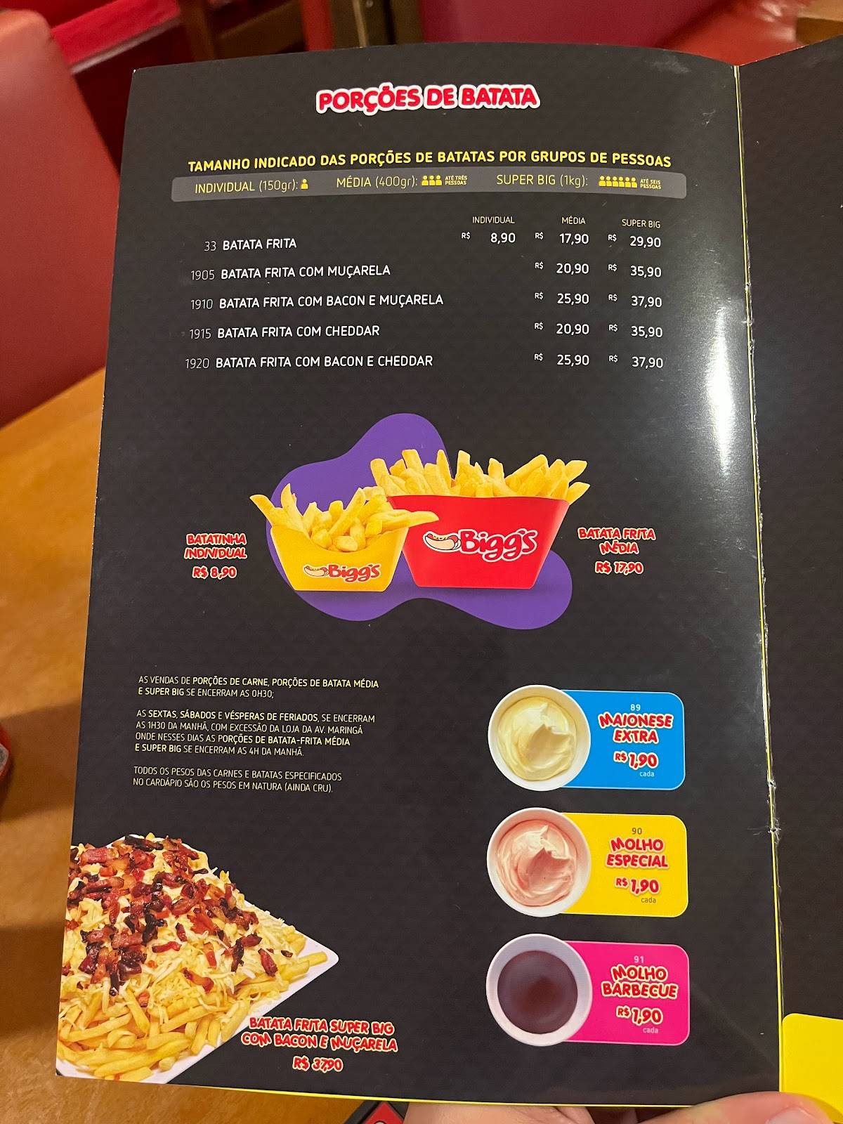 Biggs Lanches e Refeições - Av. Maringá - Aterro Igapó cardápio