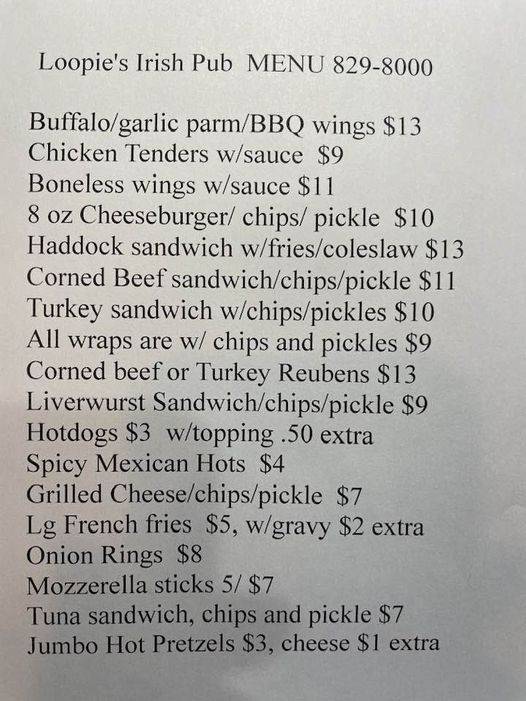 Menu at Loopie's Irish Pub LLC, Tribes Hill