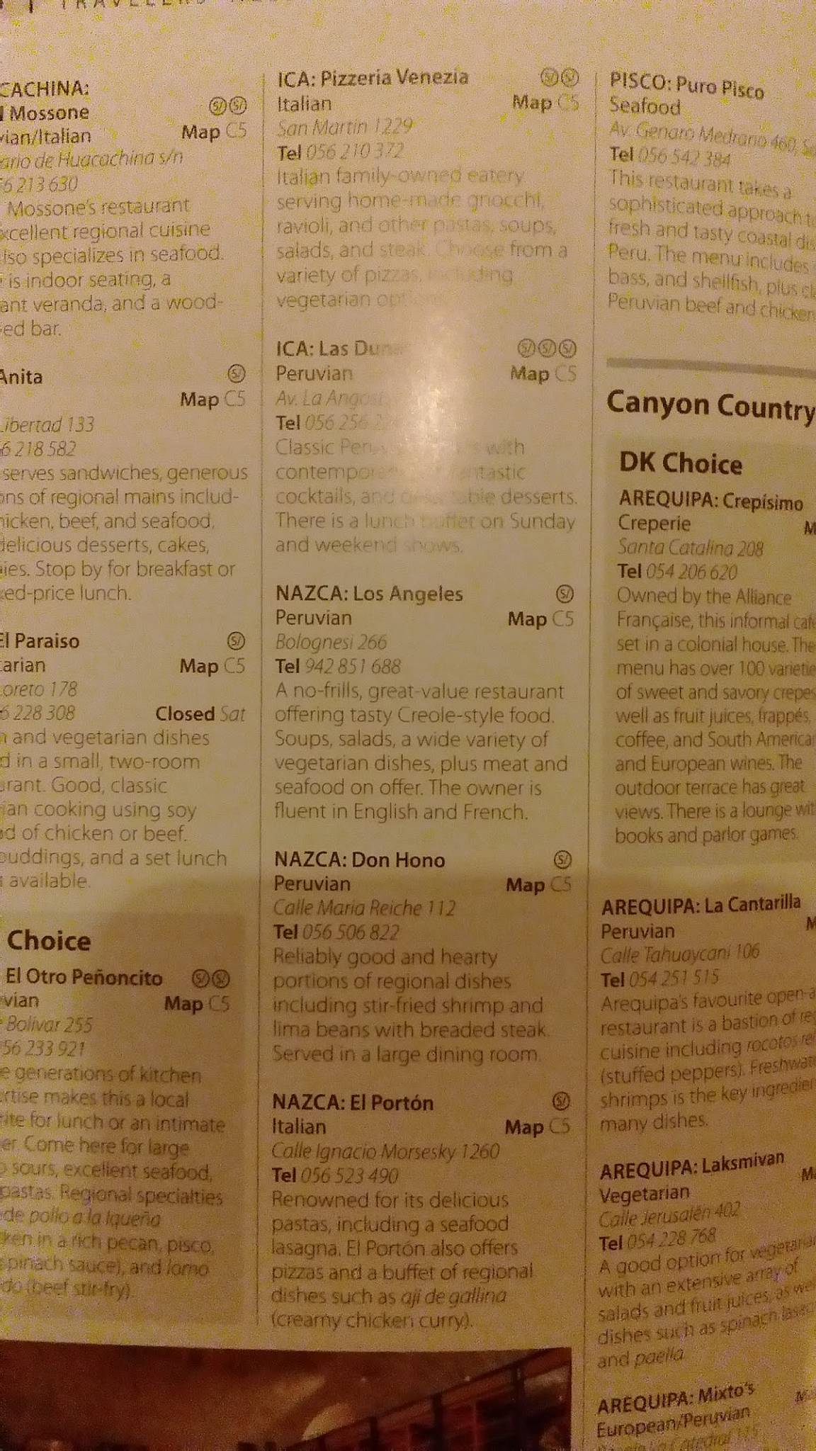 Carta del restaurante Los Angeles, Nasca