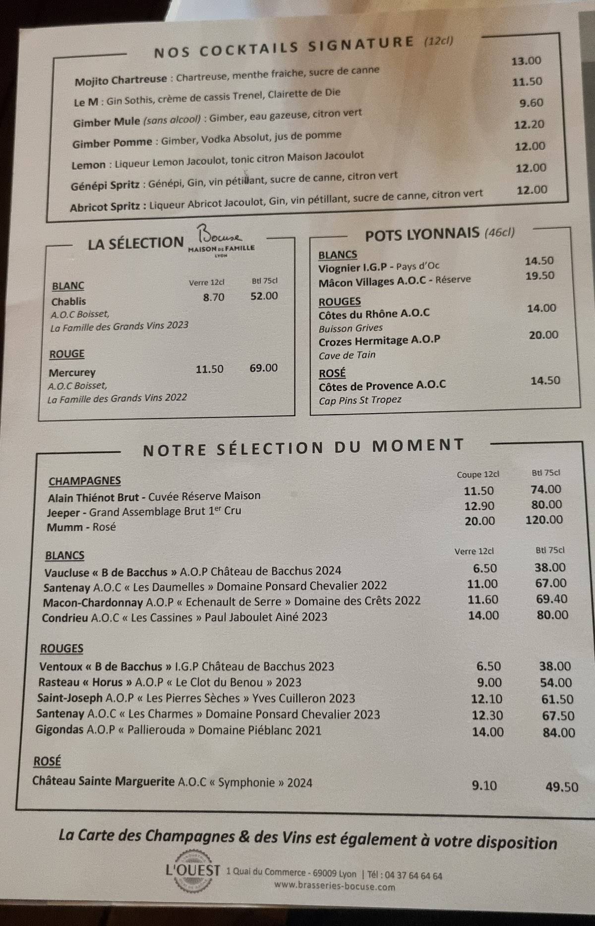 Menu de Brasserie L'Ouest - Bocuse