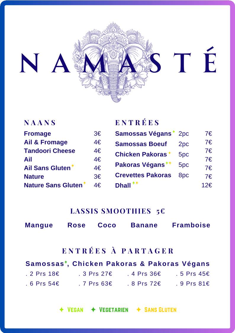 Menu de Namasté
