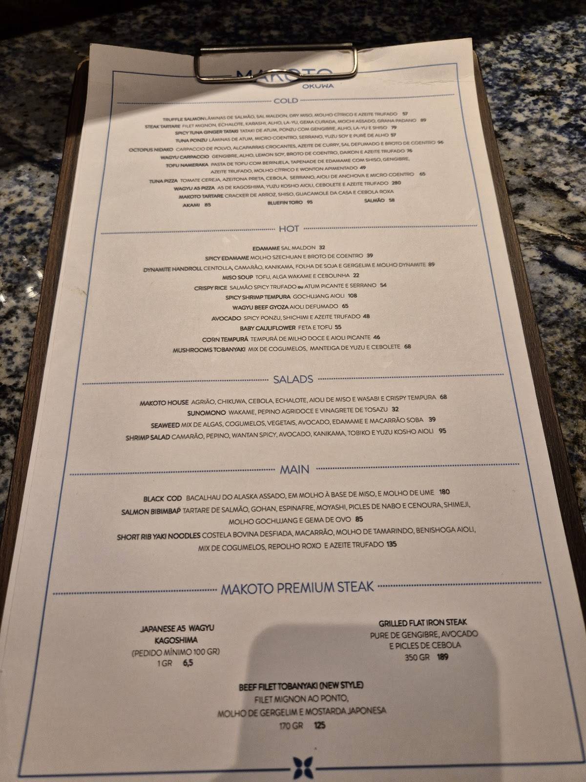 MAKOTO Shops cardápio