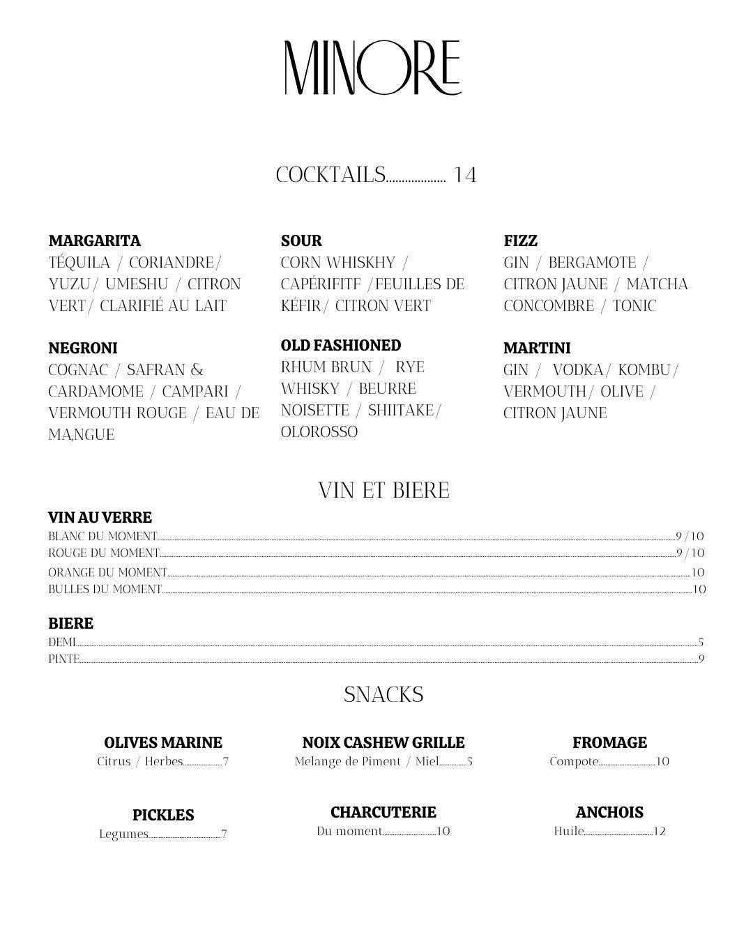 Menu de MINORE