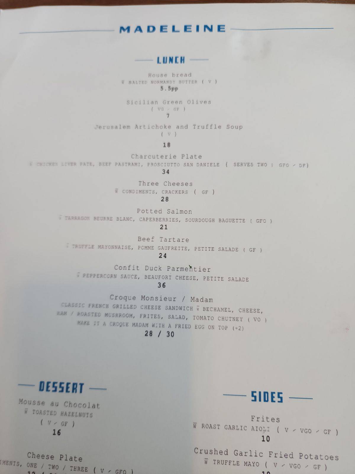 Menu at Madeleine restaurant, Highgate