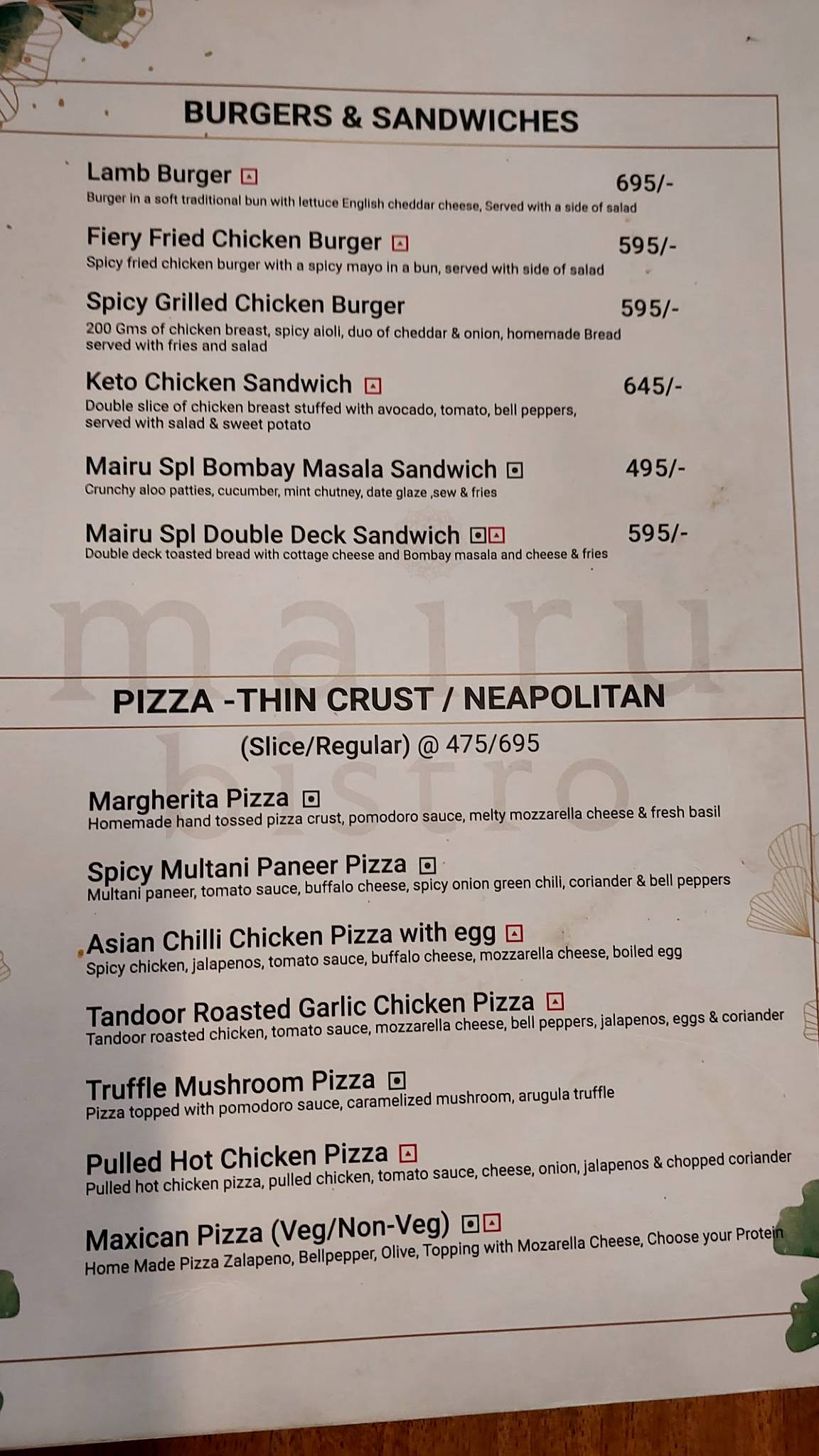 Mairu Bistro menu