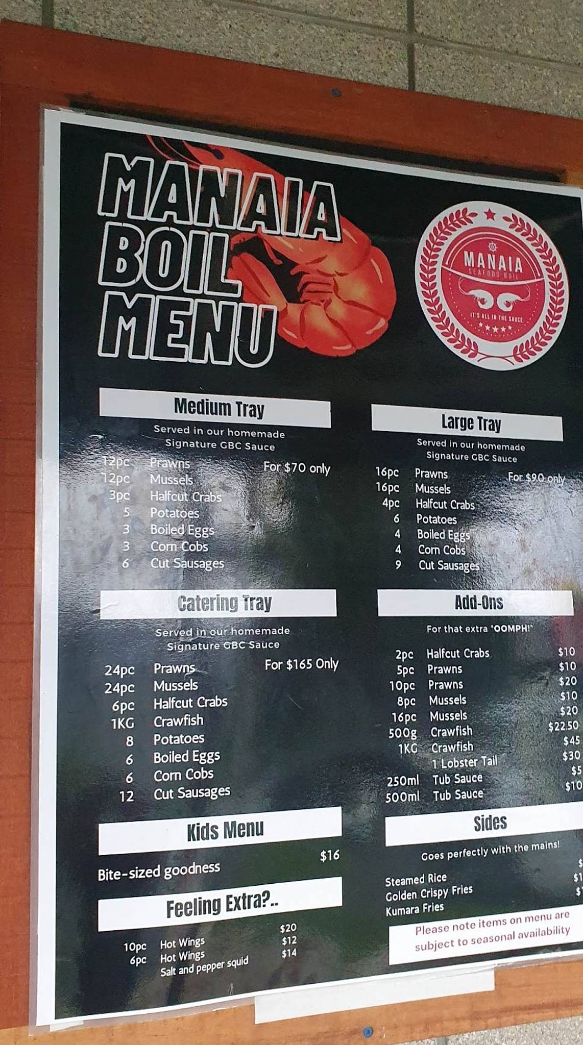 Menu at Manaia Seafood Boil restaurant, Auckland