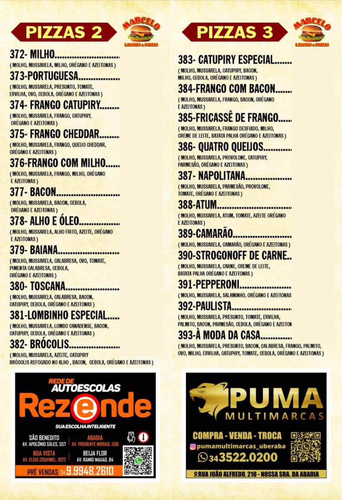 Marcelo Lanches Hamburgueria e Pizzaria cardápio