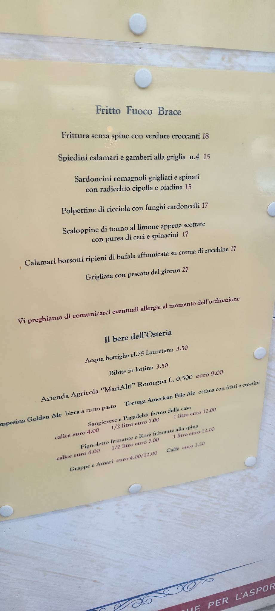 Menu di Maremosso 