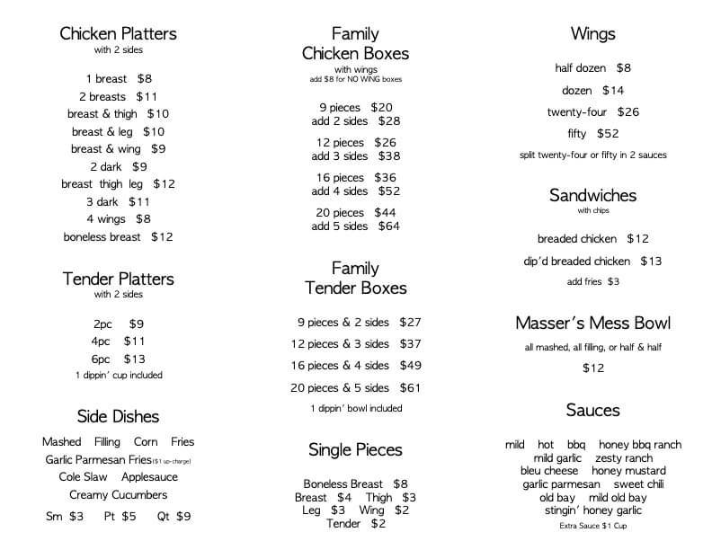 Menu at Masser’s Chicken Shack restaurant, Paxinos, PA-61