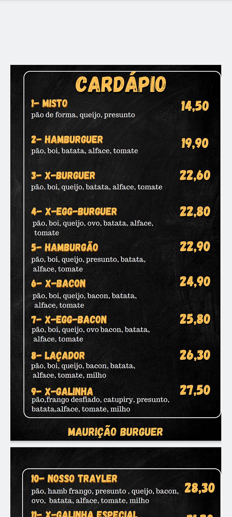 Maurição burguer cardápio