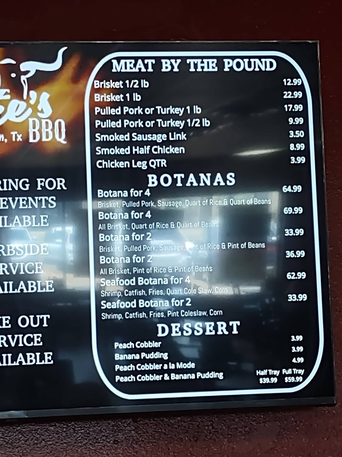 Menu at Ace's BBQ, Mission