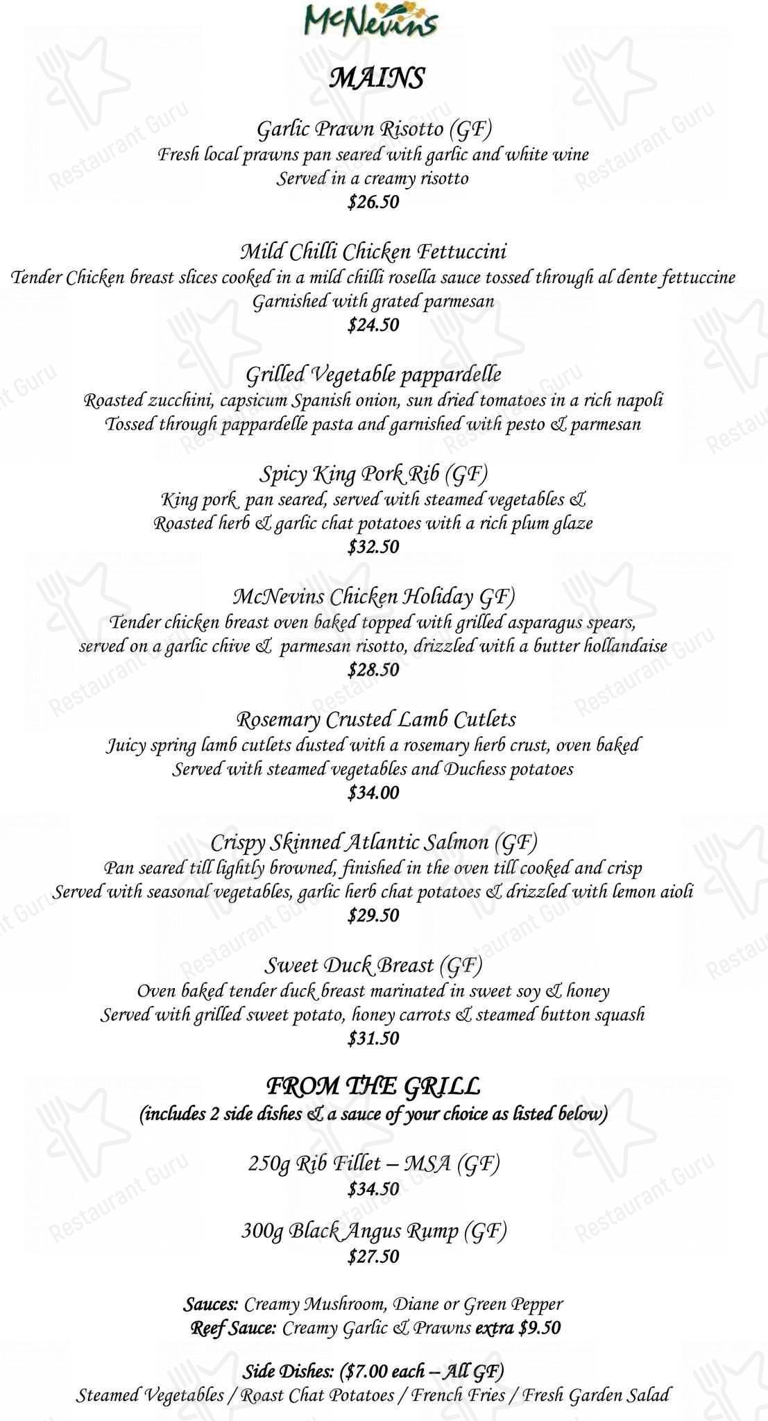 Menu at Sails Restaurant McNevins Maryborough, Maryborough