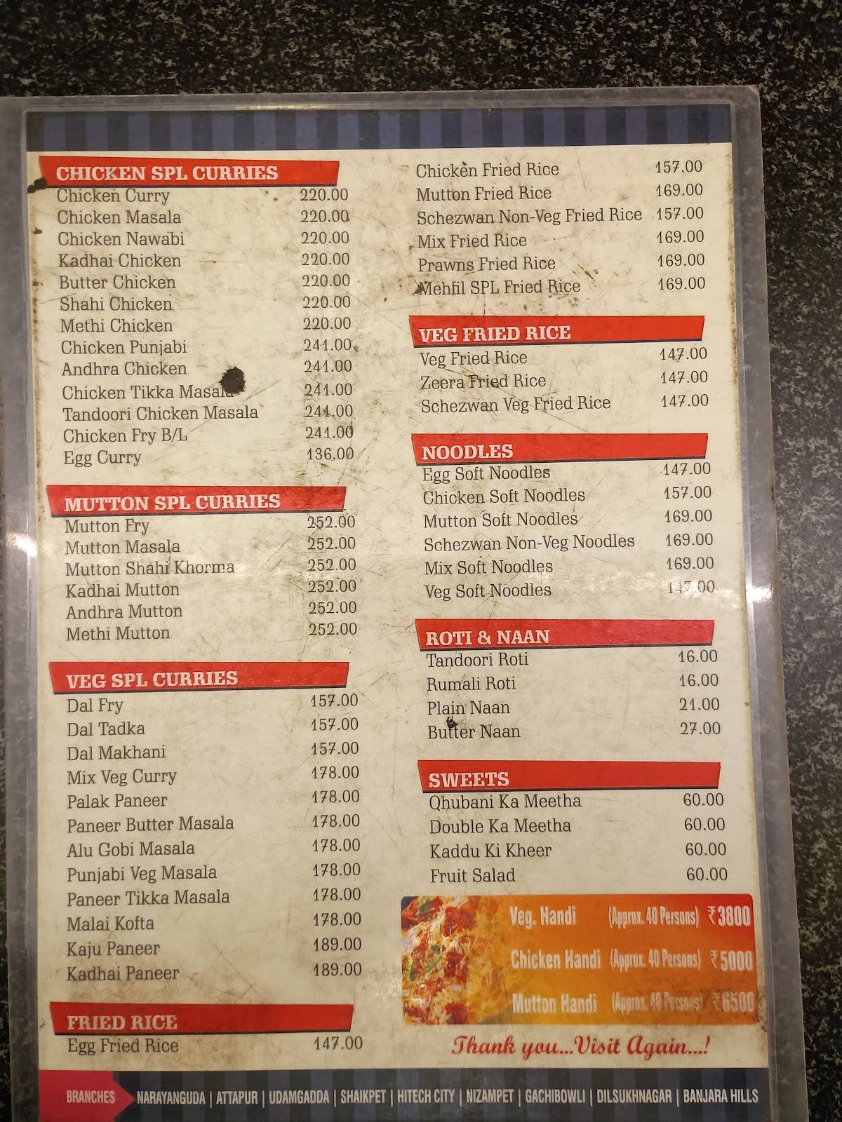 Mehfil Restaurant - Shaikpet menu
