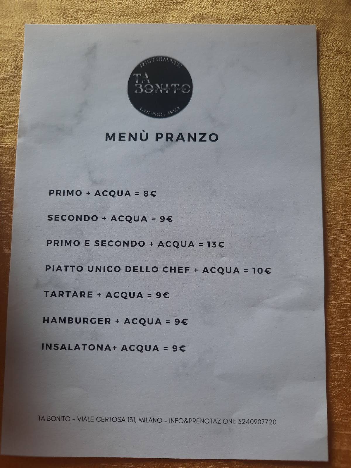 Menu de Ta' Bonito Ristorante