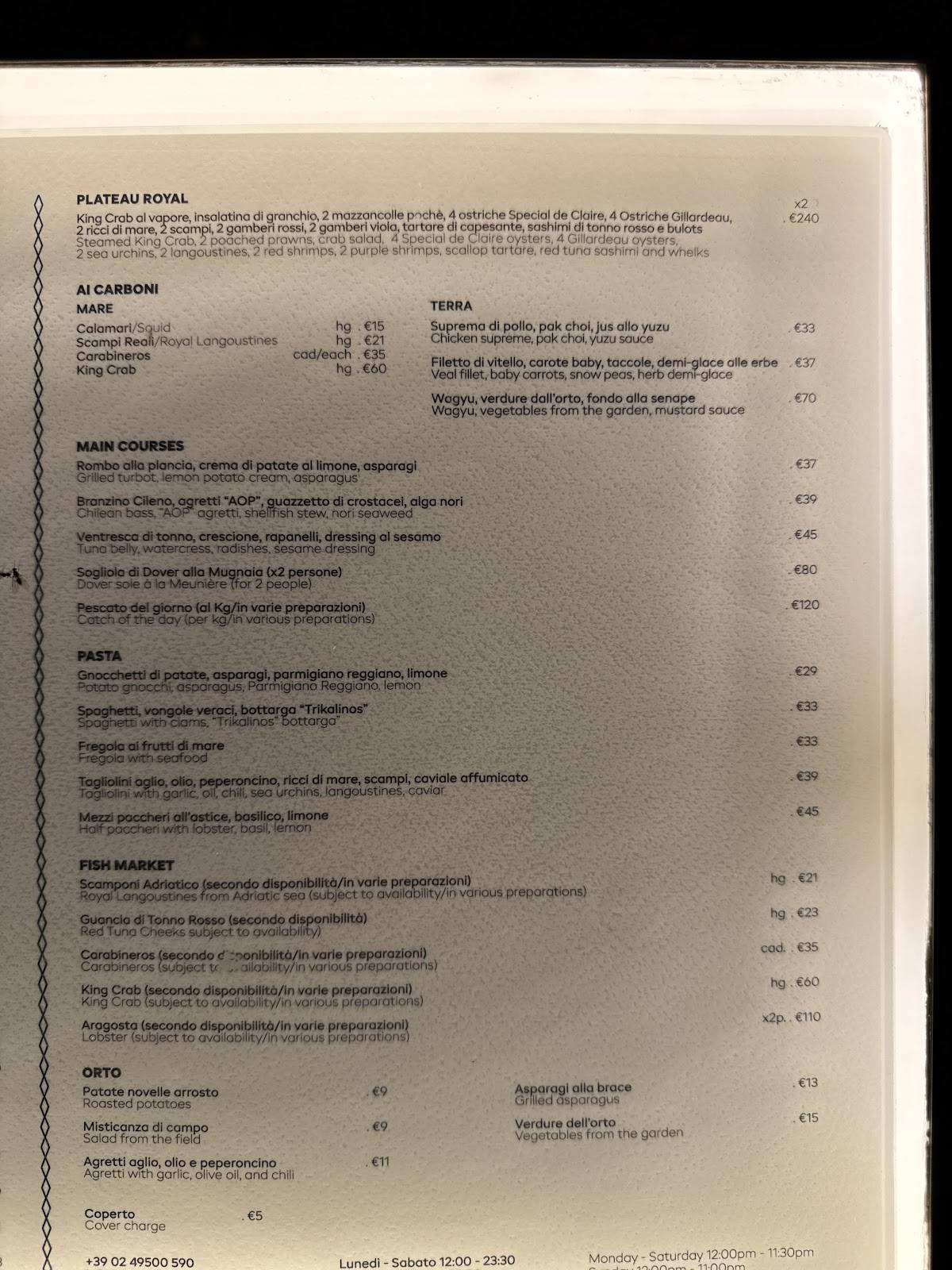 Menu di Vesta Milano 