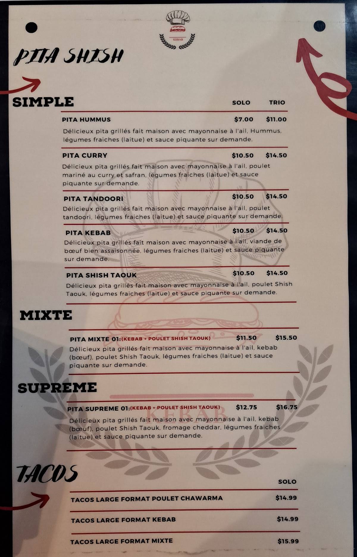 Menu de Mileuve Kebab