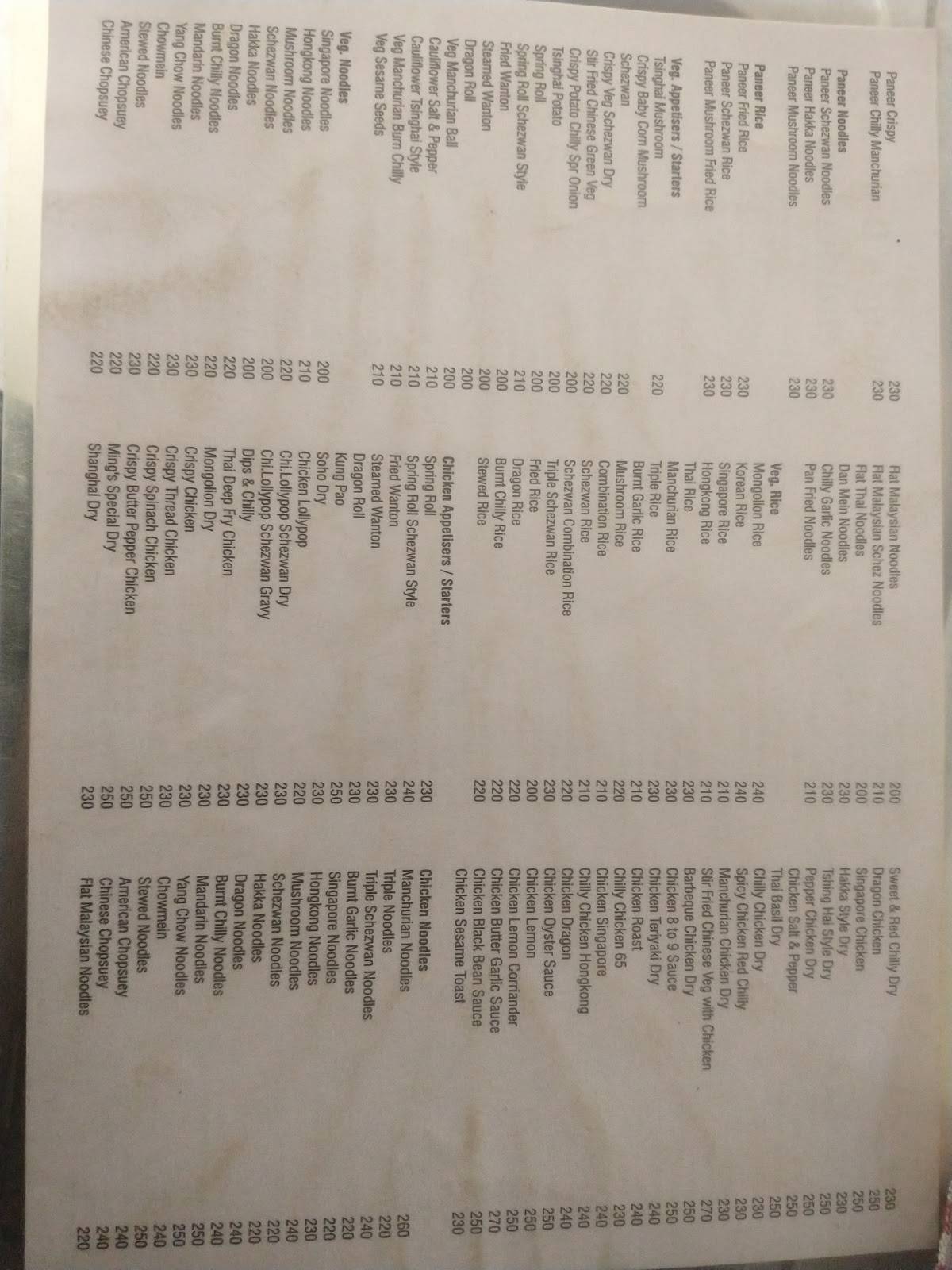 Ming's Delicacy Multicusine menu
