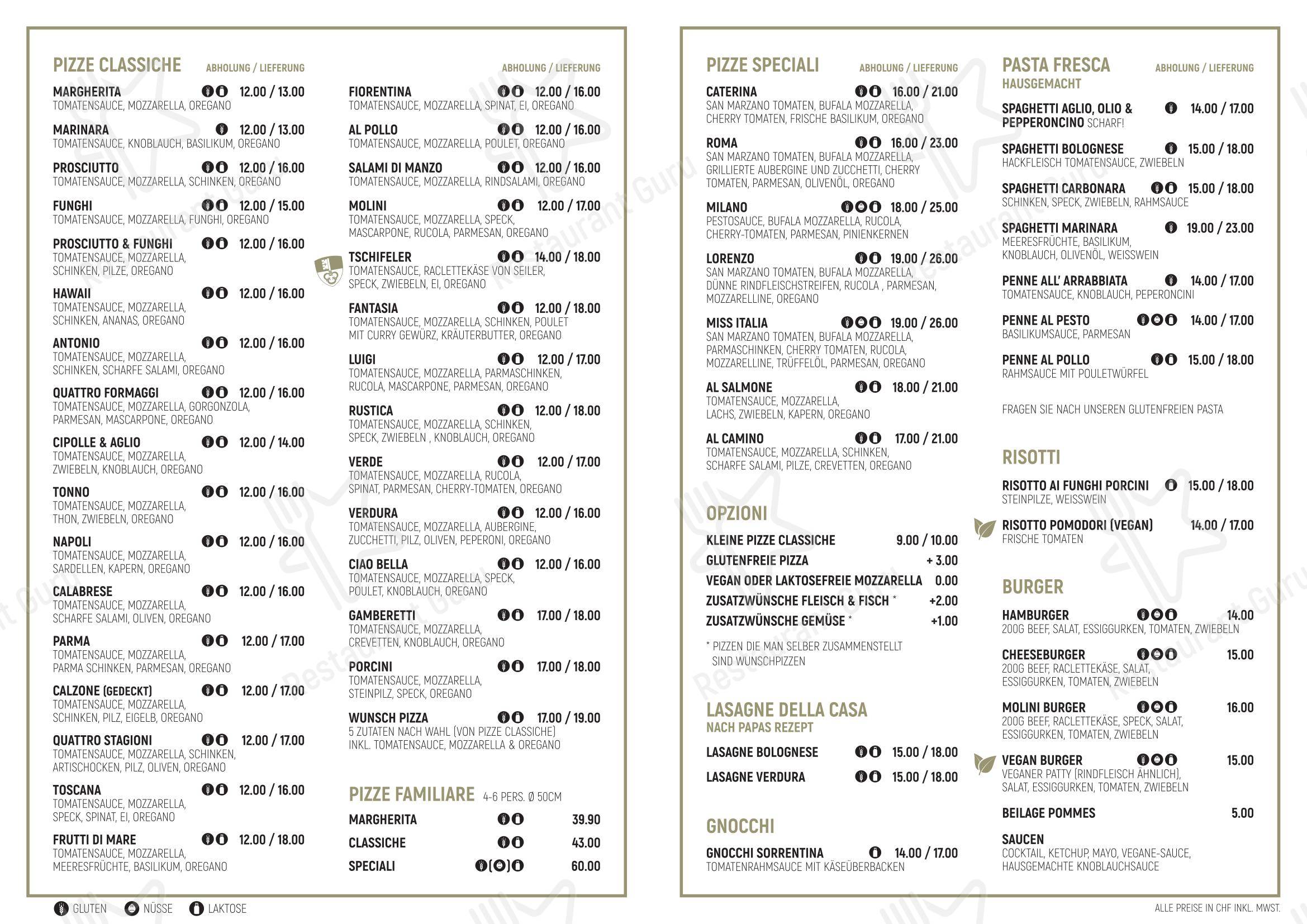 菜单 per Molini Ristorante & Pizzeria Sarnen in Sarnen