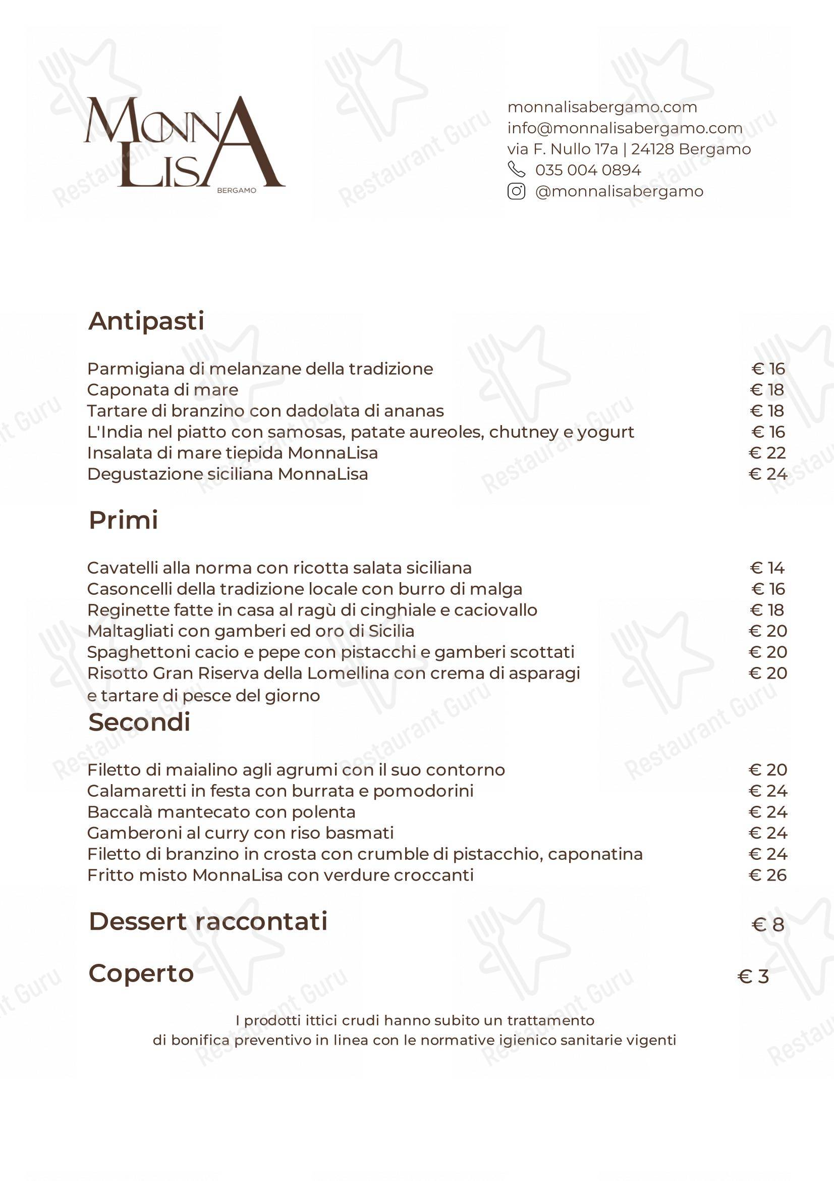 Menu per Monna Lisa in Bergamo