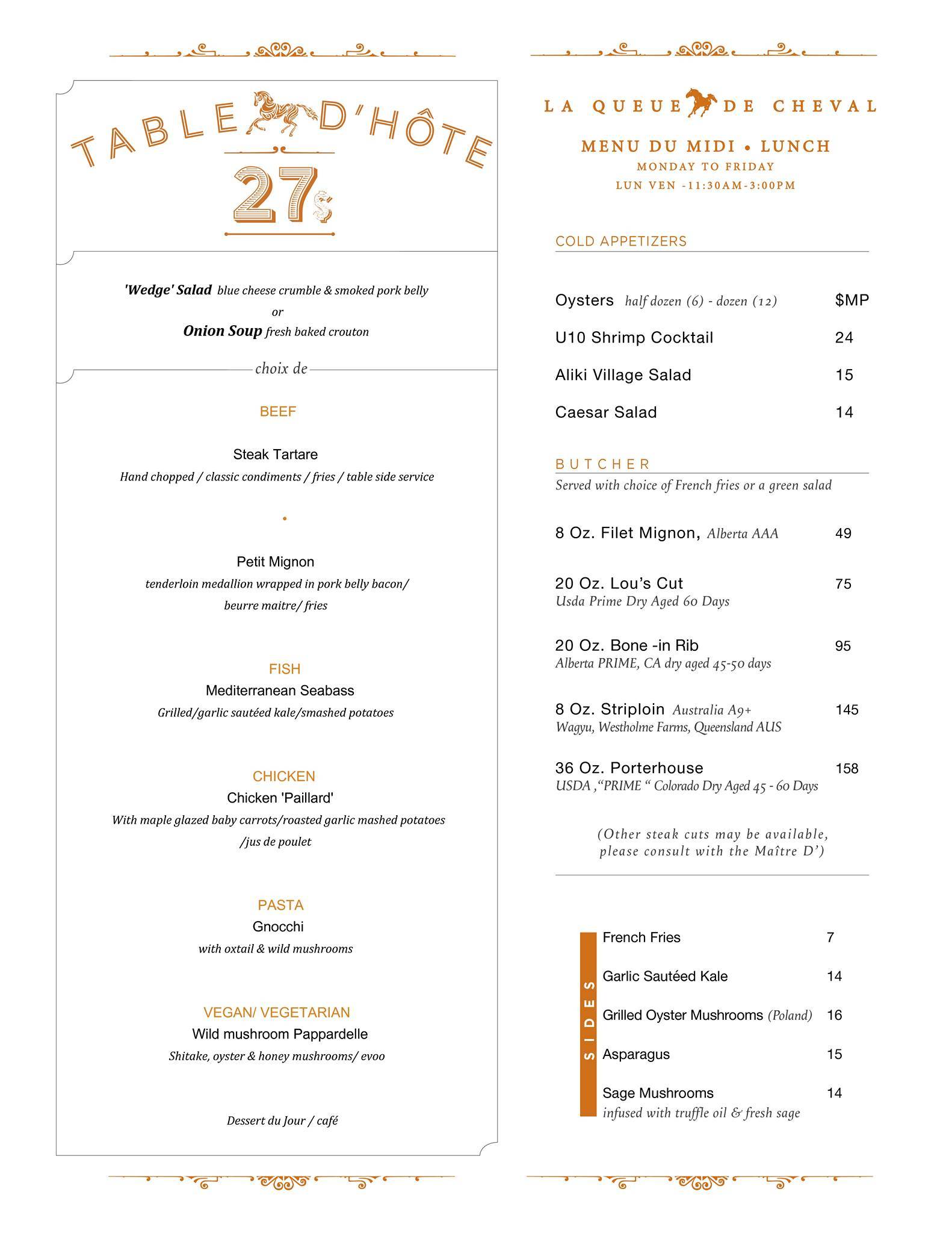Menu de LA QUEUE DE CHEVAL STEAKHOUSE, BAR AND LOUNGE
