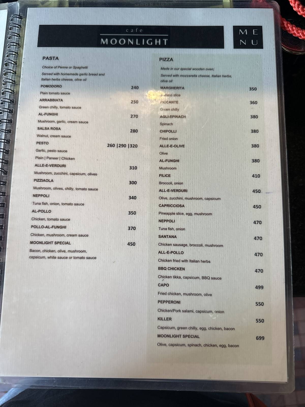 Moonlight Cafe menu