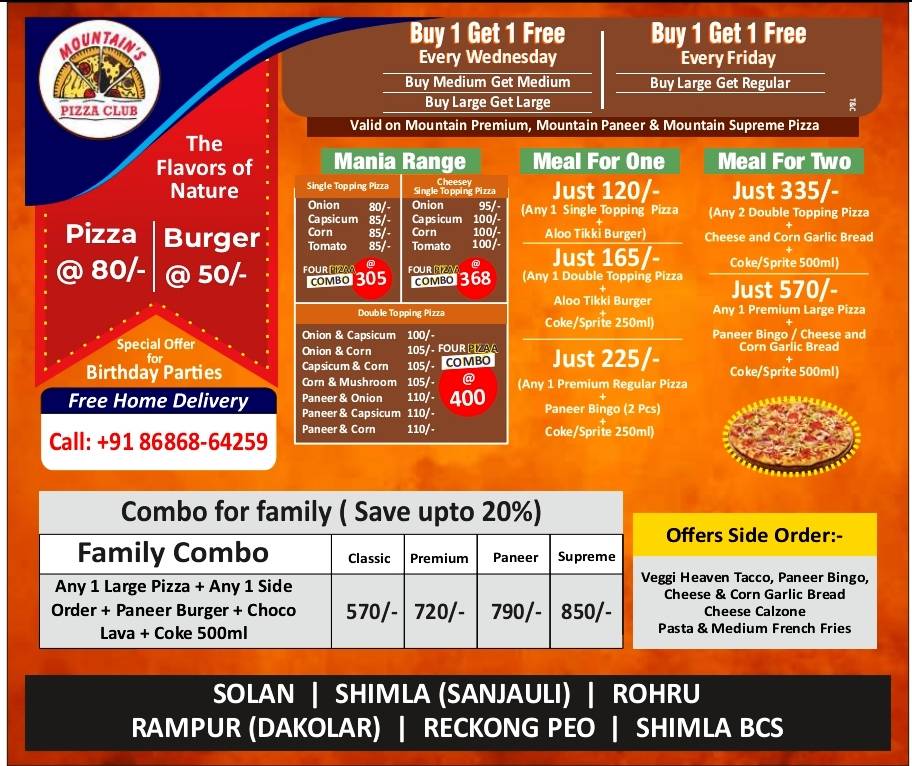 Mountain'S PIZZA club, Solan menu