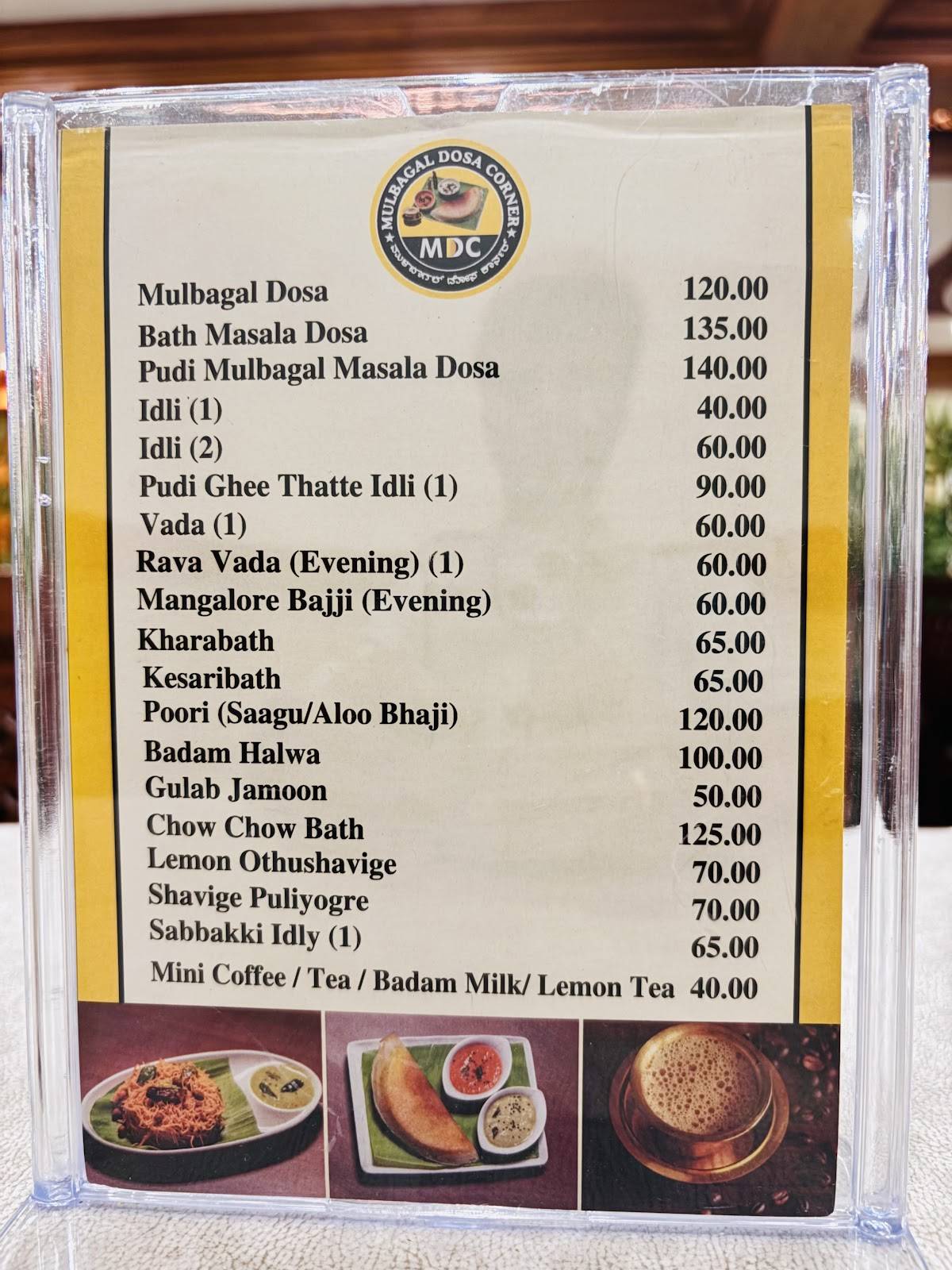 Mulbagal Dosa Corner, Mysuru menu