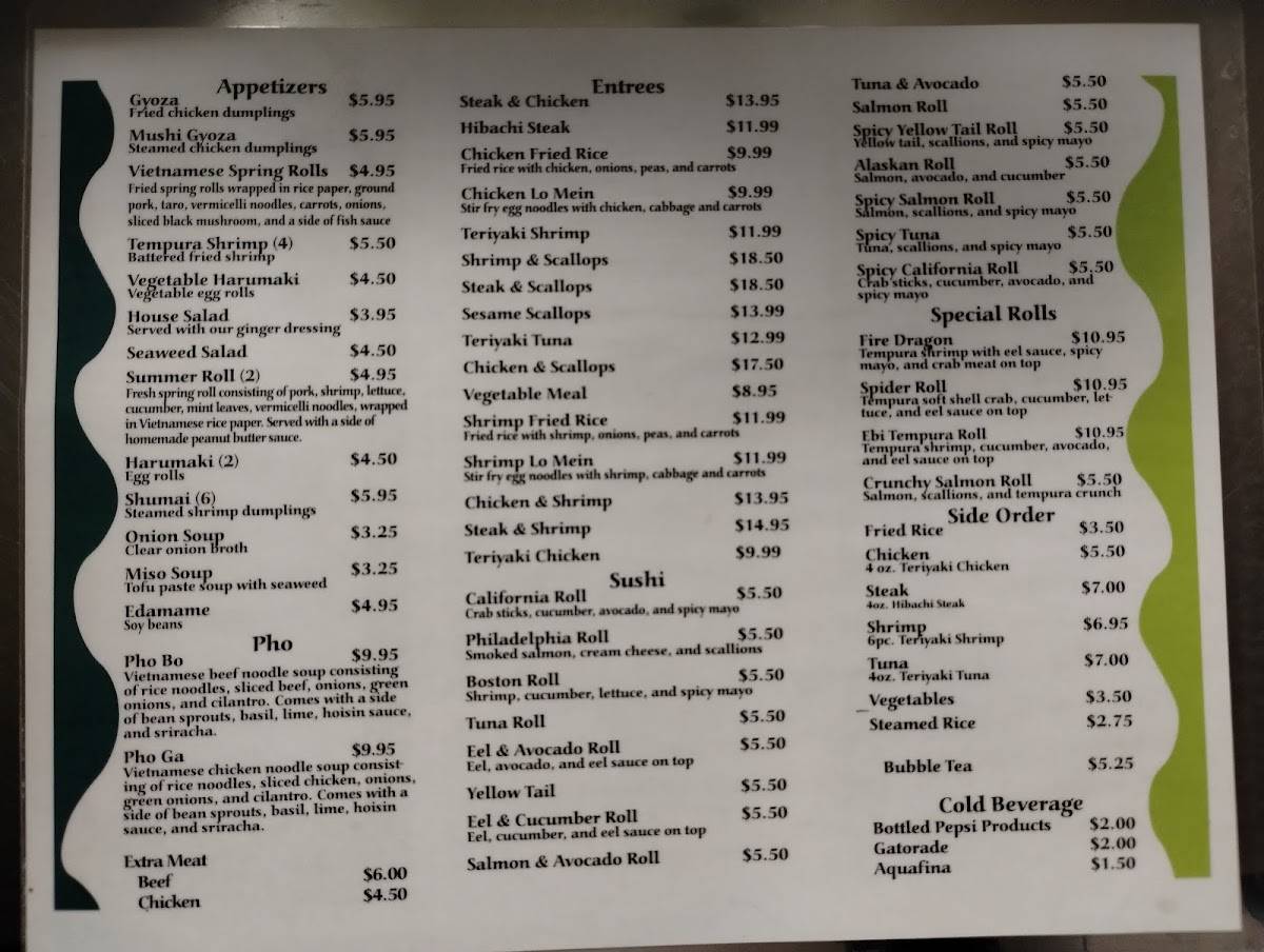 Menu at Musashi Asian Cuisine restaurant, Farmville
