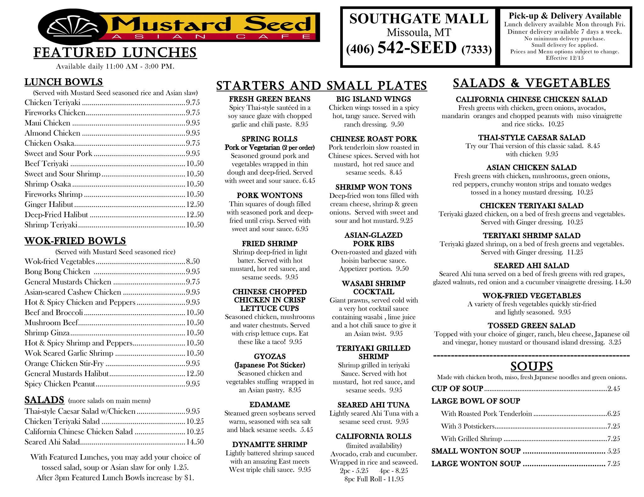 Menu at Mustard Seed restaurant, Missoula