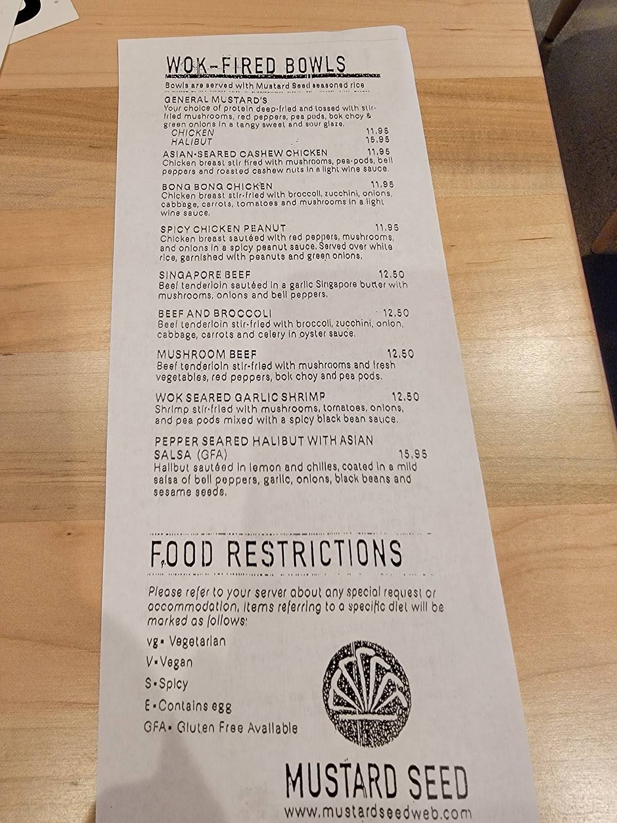 Menu at Mustard Seed restaurant, Missoula
