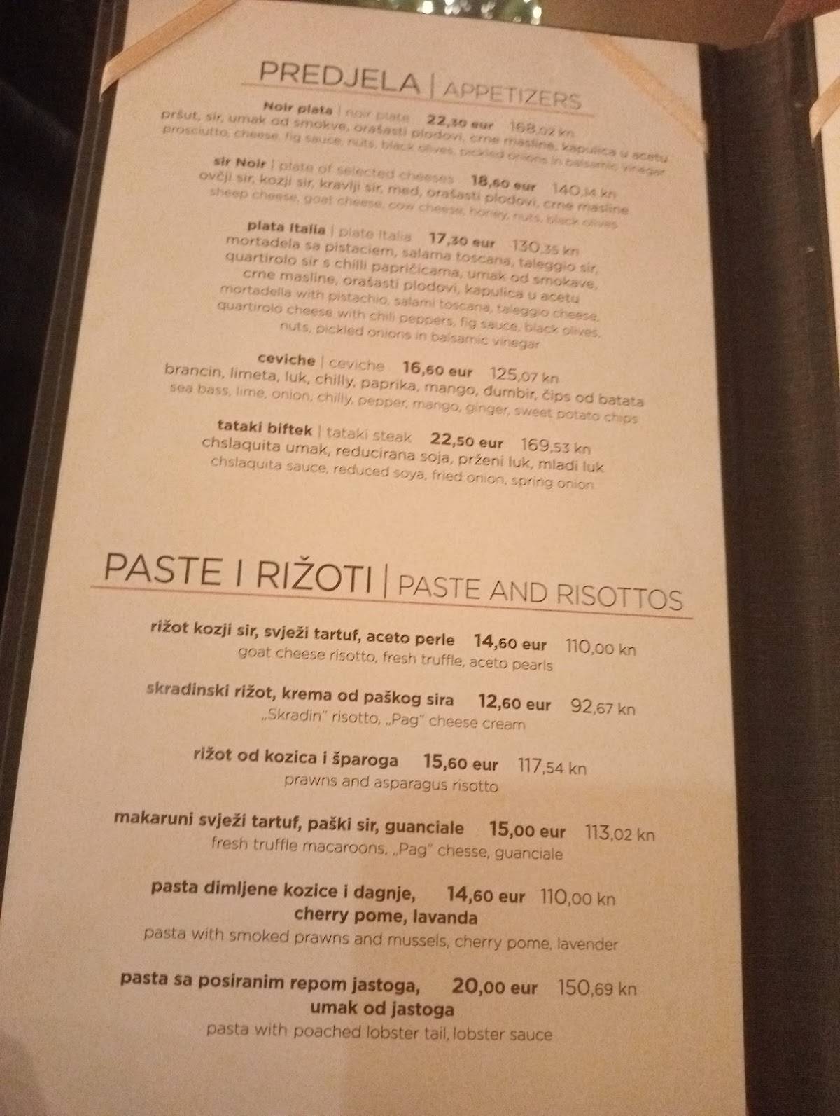 Menu di NOIR RESTAURANT SPLIT 