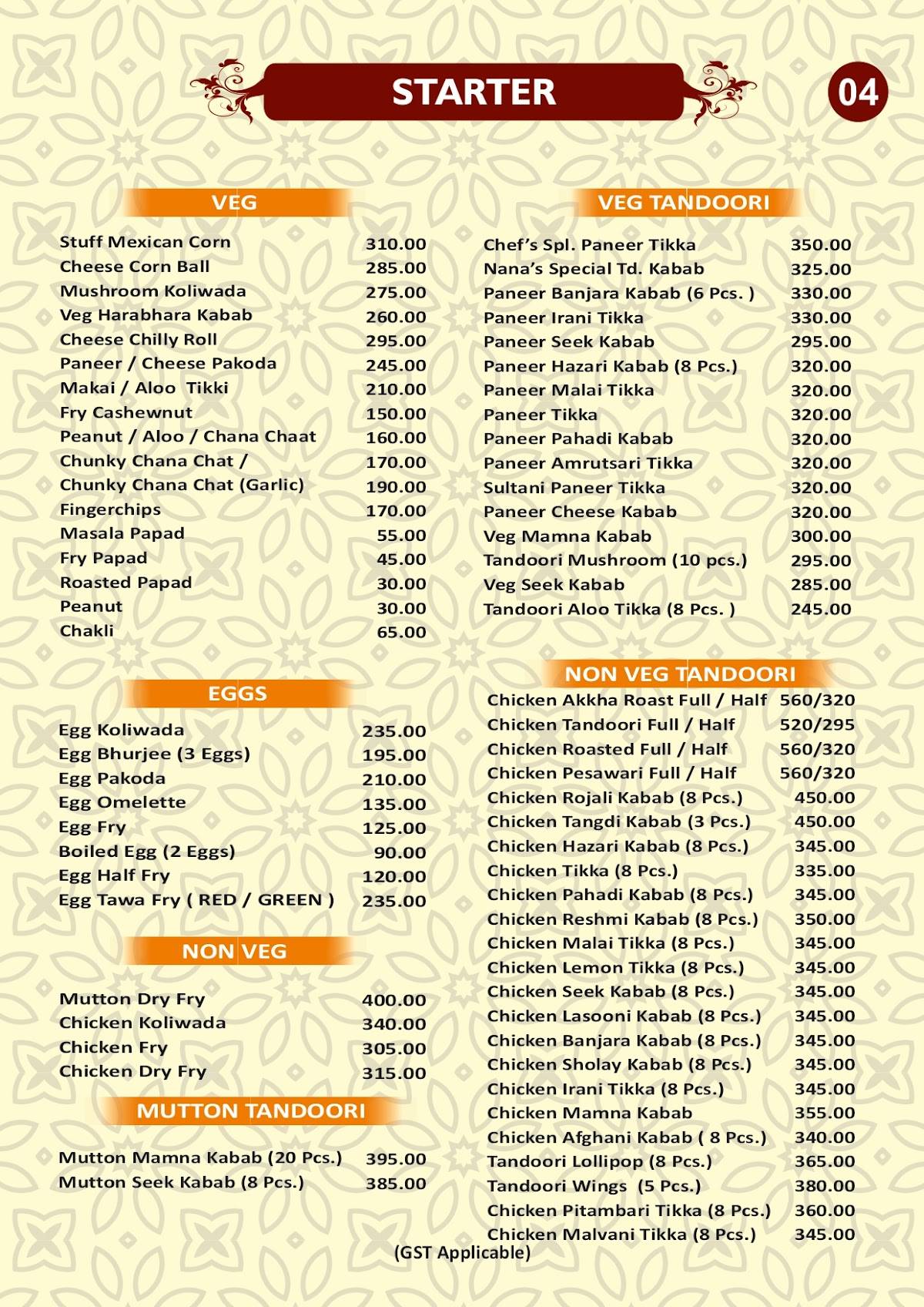Nana's Restaurant menu