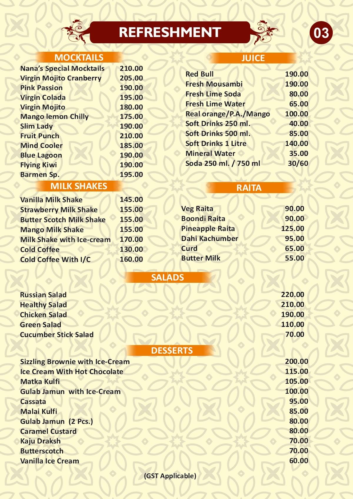 Nana's Restaurant menu