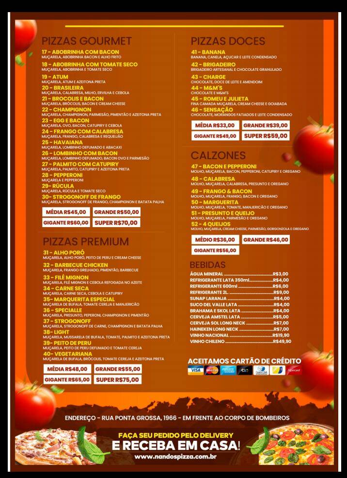 Nando´s Pizza Delivery cardápio