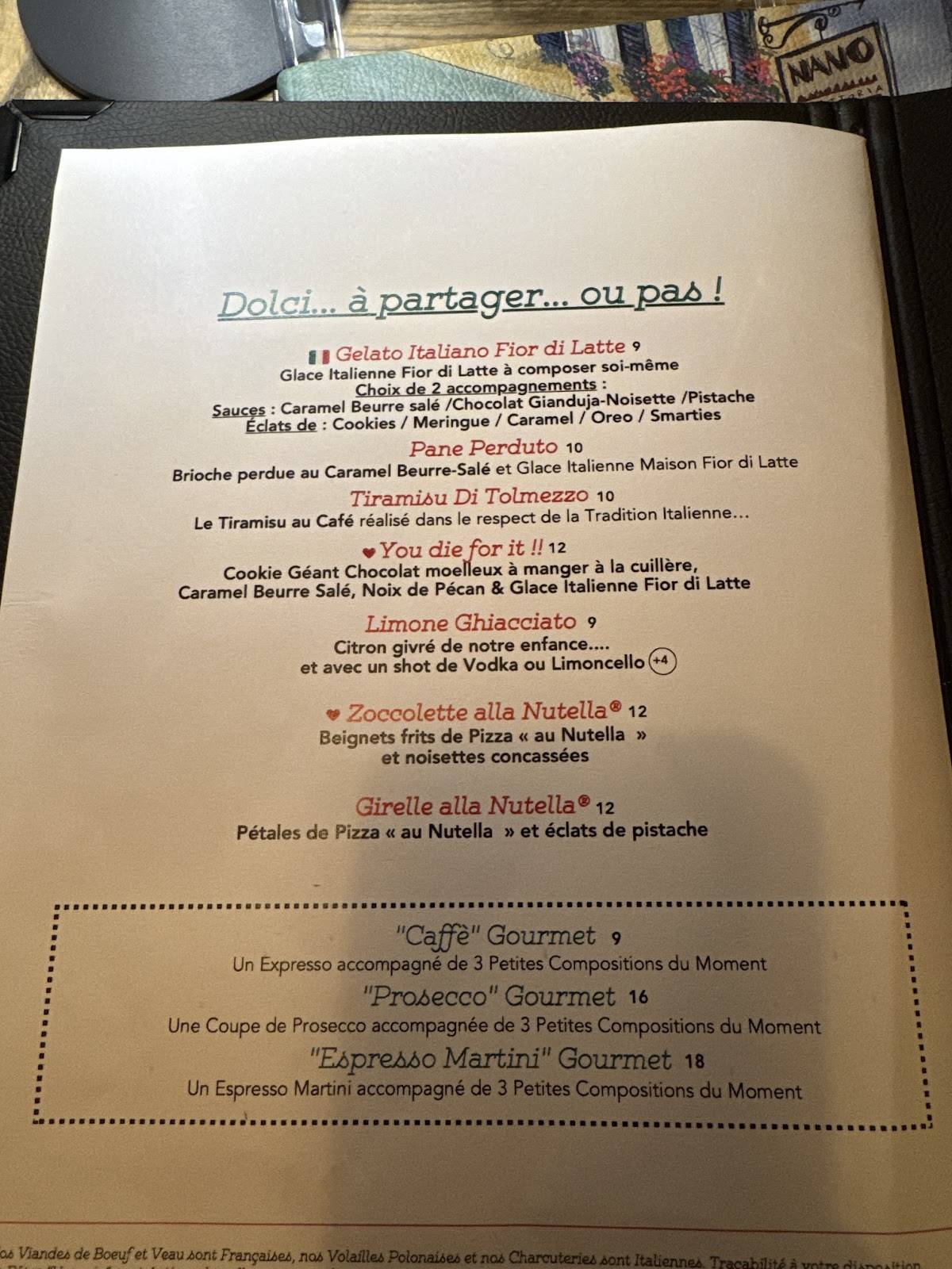 Menu de Nano Marais - Paris