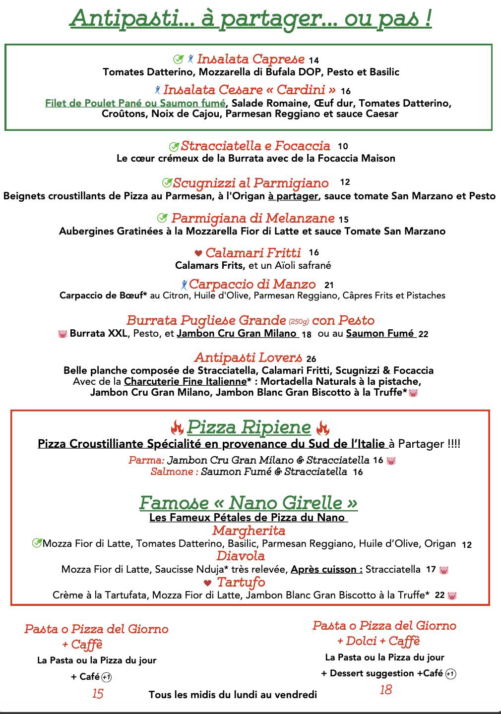 Menu de Nano Marais - Paris