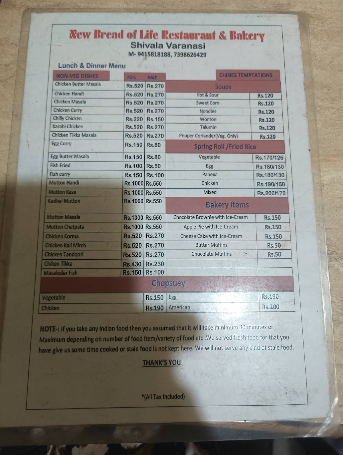 New Bread Of Life menu