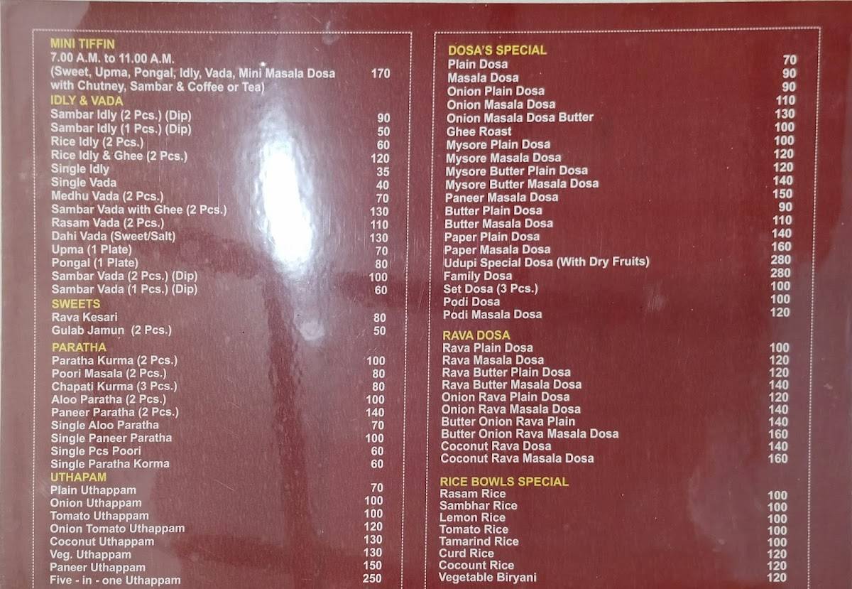 Sri Krishna Udupi menu