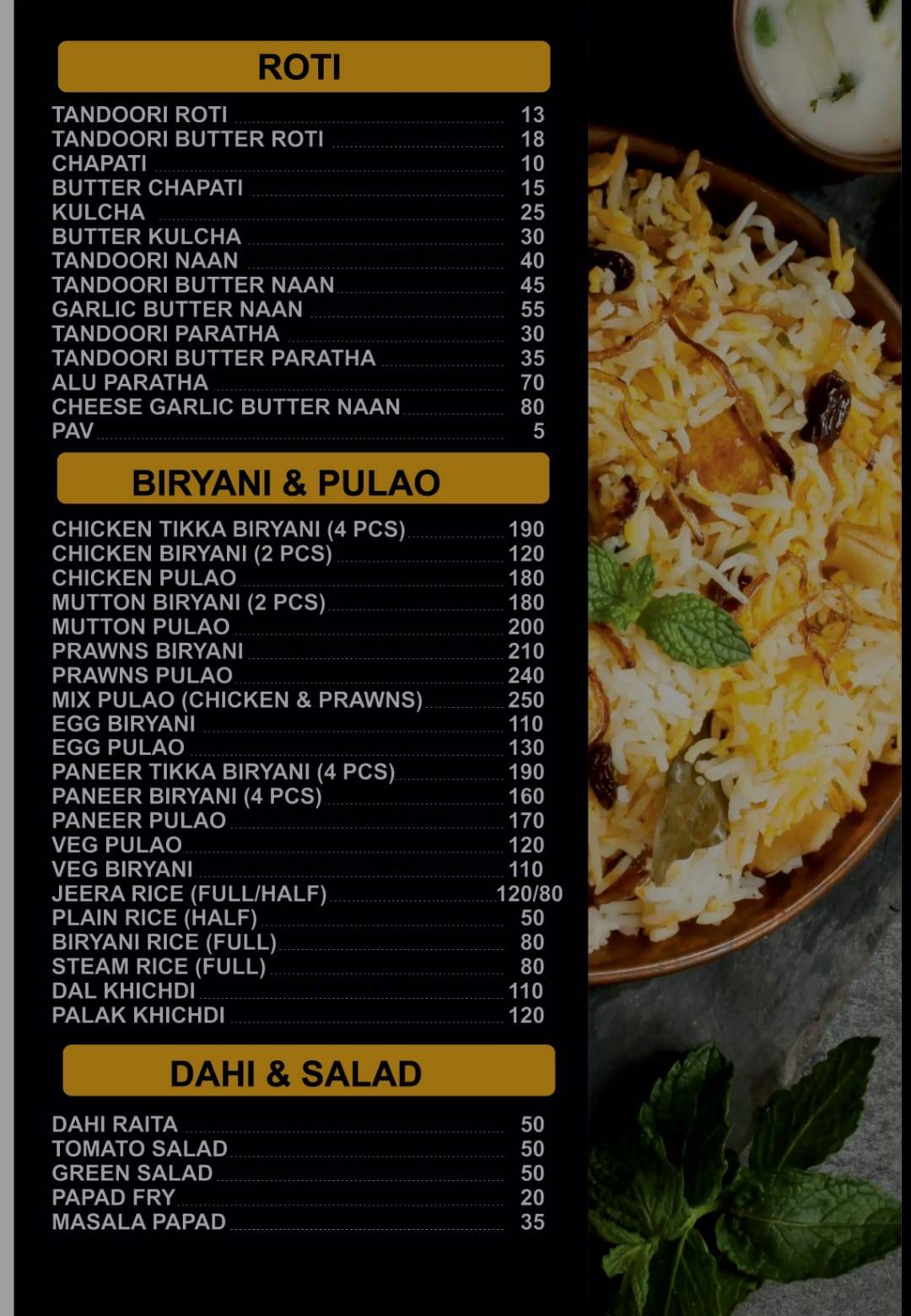 New Food Inn Restaurant menu