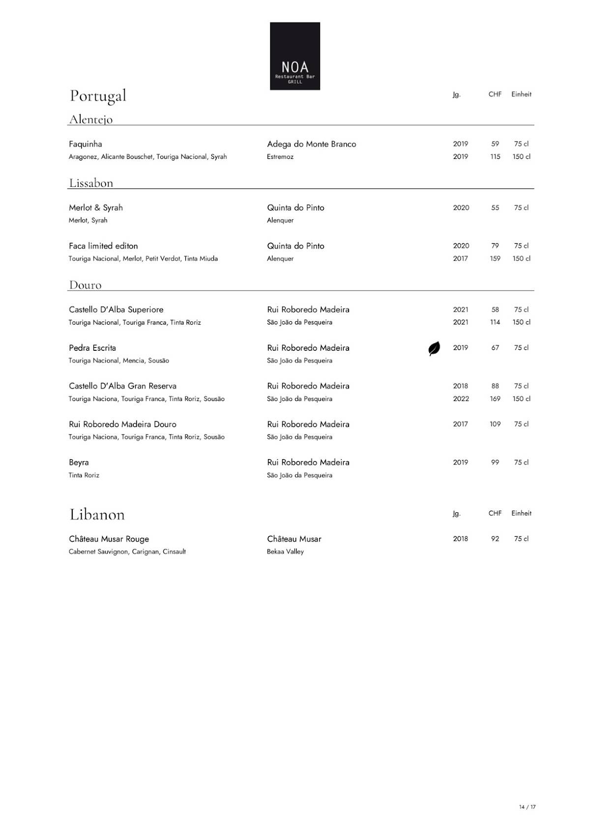 Menu de Noa