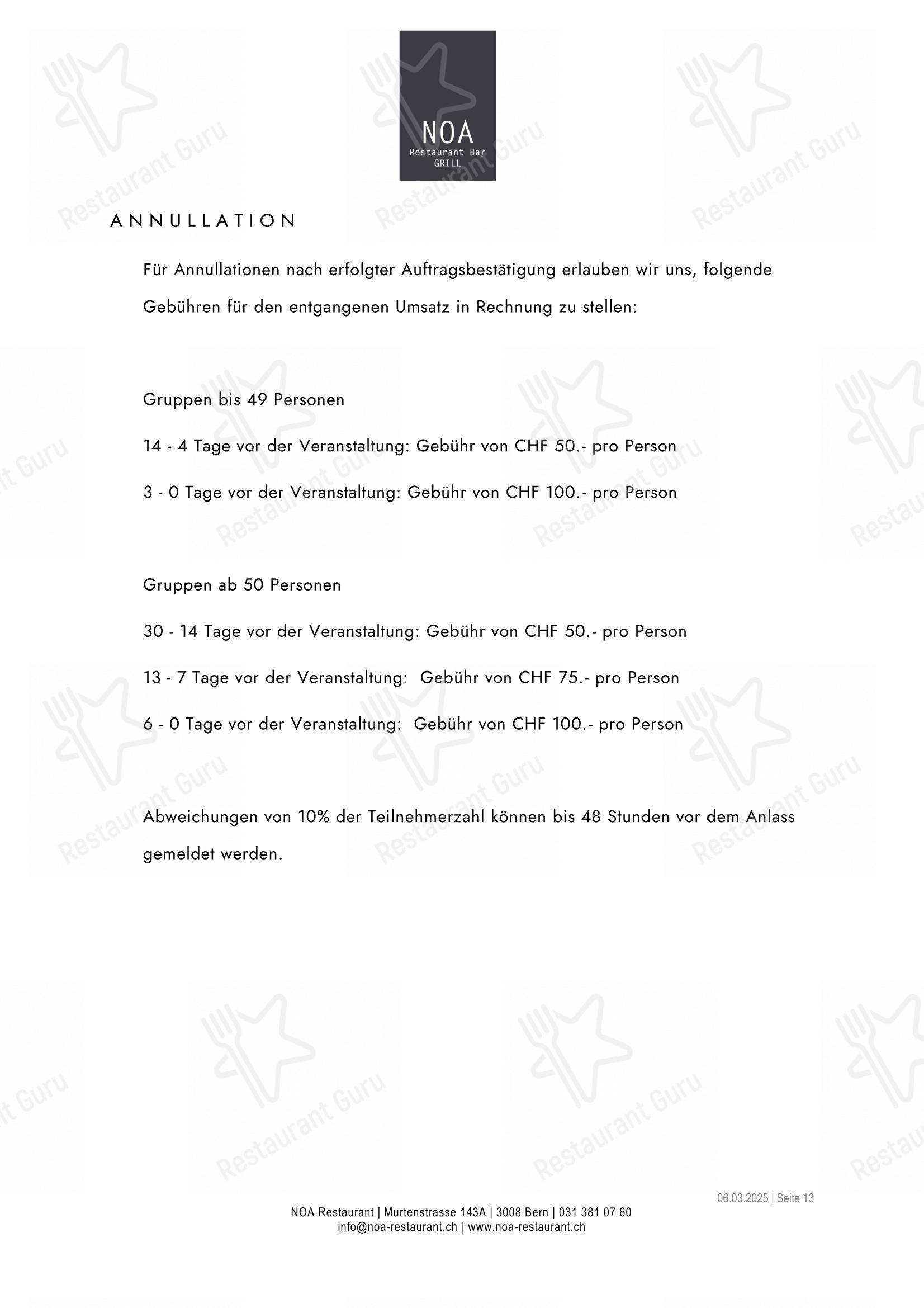 Основное меню per Noa in Berna