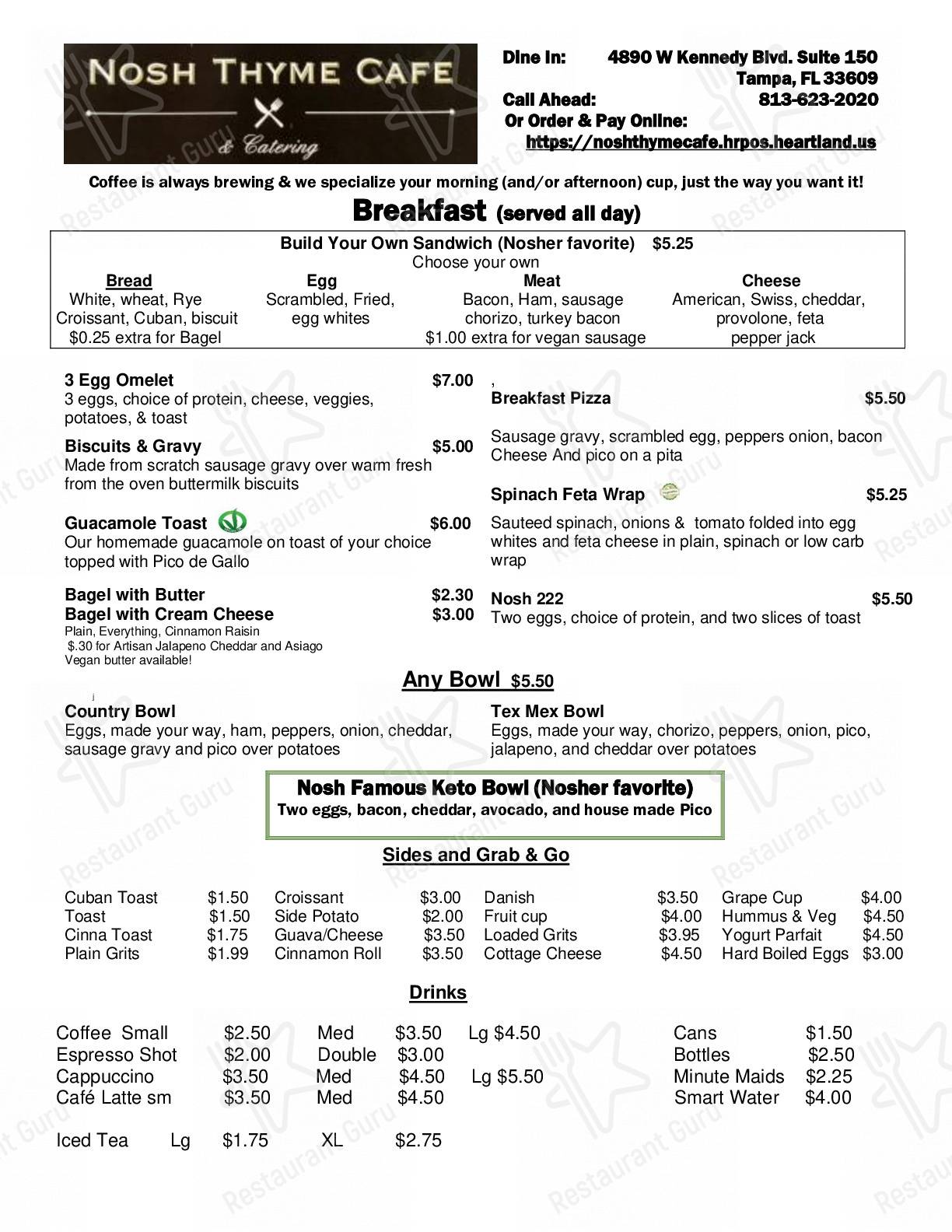 Menu at Nosh Thyme Cafe, Tampa