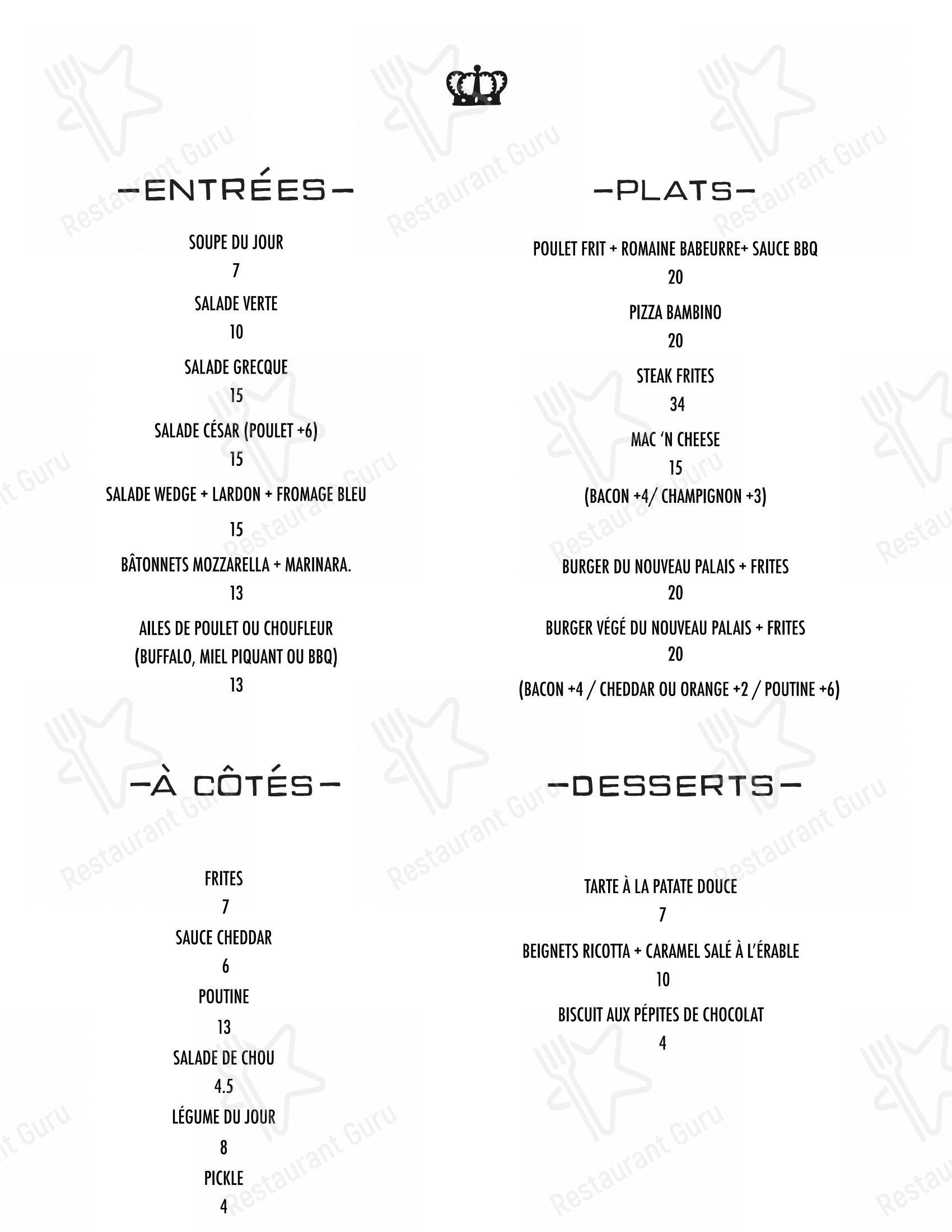 Menu pour Nouveau Palais dans Montréal